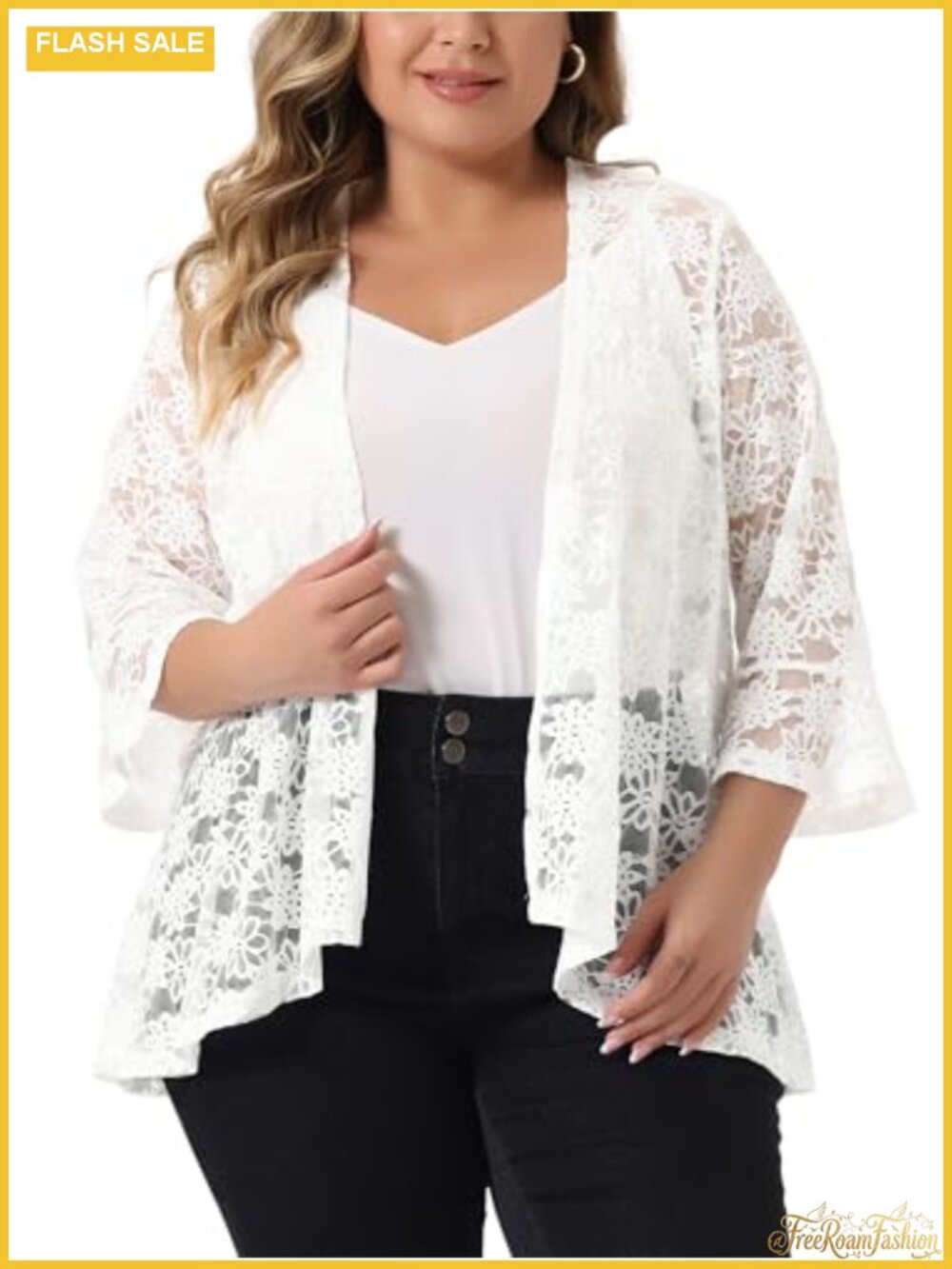 Plus Size Lace Open Front Cardigan 3/4 Bell Sleeve Sheer Bolero Shrug